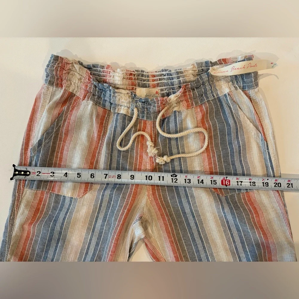 April Kiss Smocked Waist Boho Linen Cotton Blend Large Beach Pants Blue Orange - Picture 6 of 14